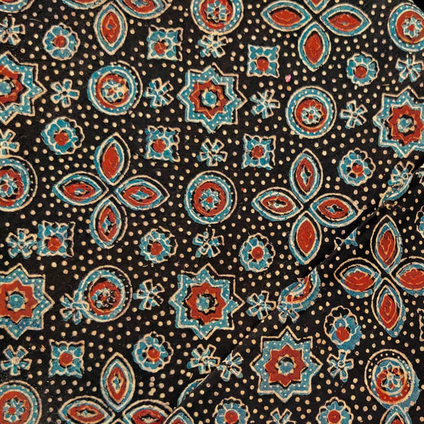 Pure Cotton Ajrak Black With Flower And Star Tile Motif Hand Block Print Fabric