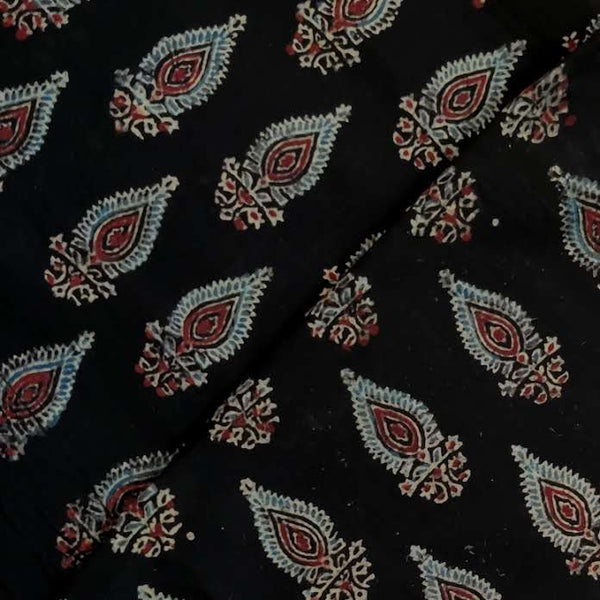 Pure Cotton Ajrak Black With Intricate Tribal Motif Hand Block Print Fabric
