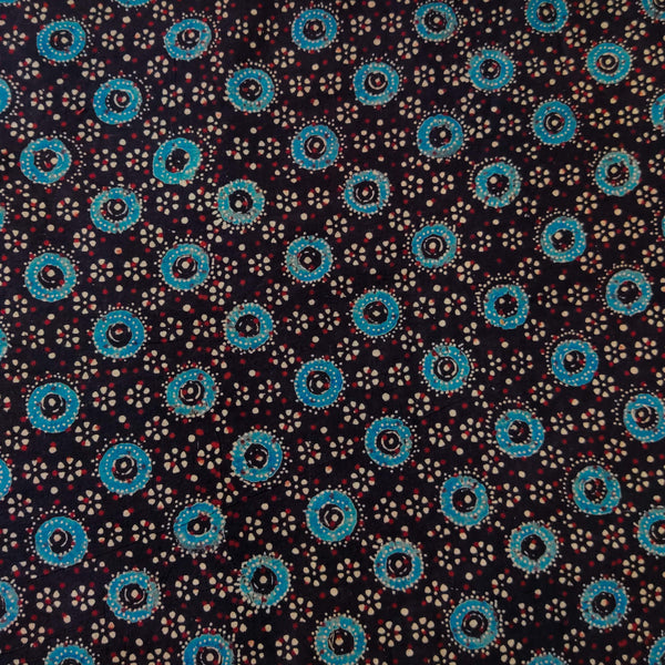 Pure Cotton Ajrak Black With Light Blue Circle Hand Block Print Fabric
