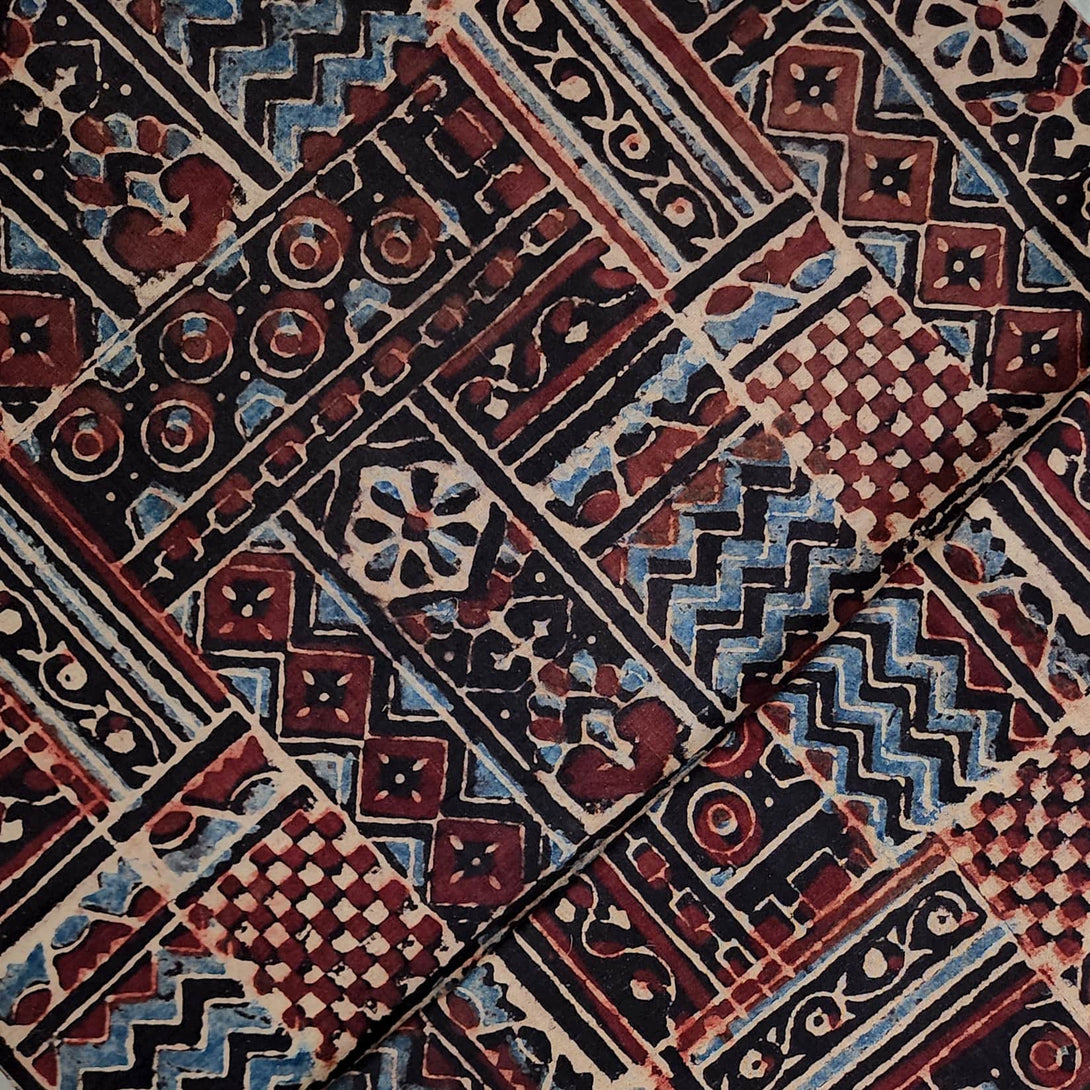 Pure Cotton Ajrak Black With Rectangle All Over Pattern Tiles Hand Blo ...