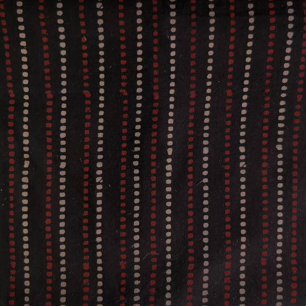 Pure Cotton Ajrak Black With Rust Cream Dot Stripes Hand Block Print Fabric