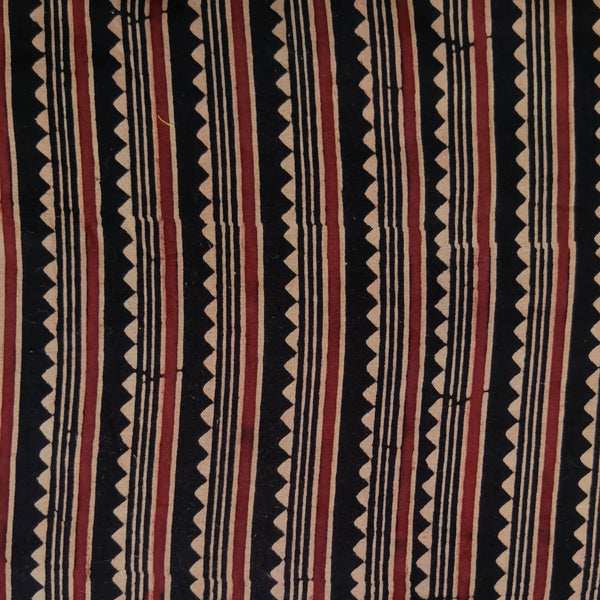 Pure Cotton Ajrak Black With Rust Cream Triangle Stripes Border Hand Block Print Fabric