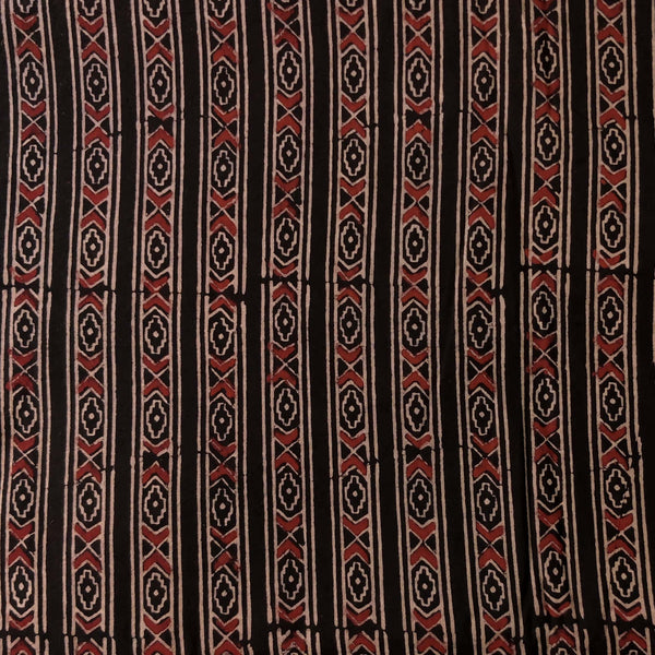 Pure Cotton Ajrak Black With Rust Cream Tribal Border Hand Block Print Fabric