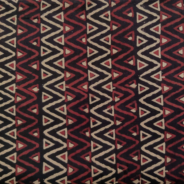 Pure Cotton Ajrak Black With Rust Cream Zig Zag Triangle Border Stripes Hand Block Print Fabric