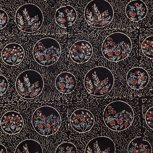 Pure Cotton Ajrak Black With Self Design With Some Plants In A Circle Hand Block Print Fabric