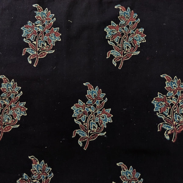 Pure Cotton Ajrak Black With Spaced Out Floral Motifs Hand Block Print Fabric