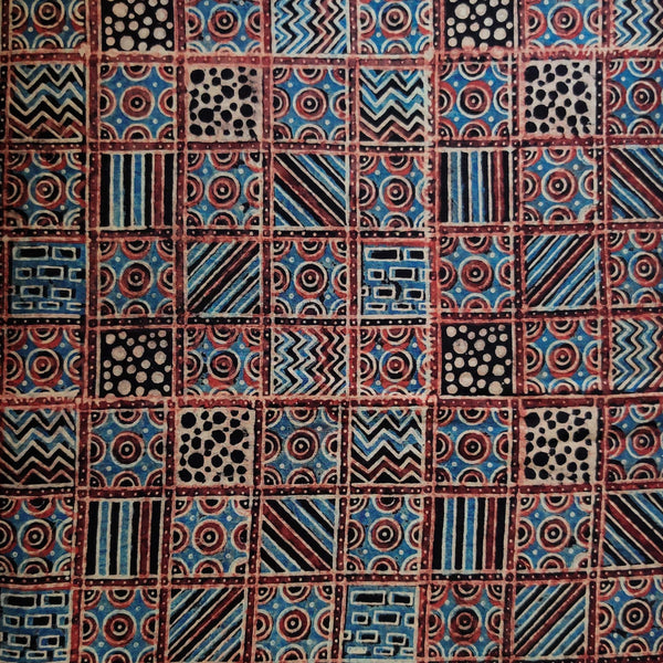 Pure Cotton Ajrak Black With Sqaure  All Over Pattern Tiles Hand Block Print Fabric