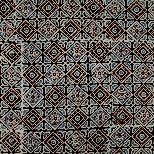 Pure Cotton Ajrak Black With Squares And Flowers Checks Motifs Hand Block Print Fabric