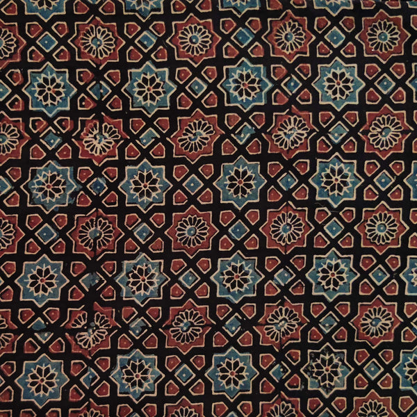 Pure Cotton Ajrak Black With Star Tile Hand Block Print Fabric