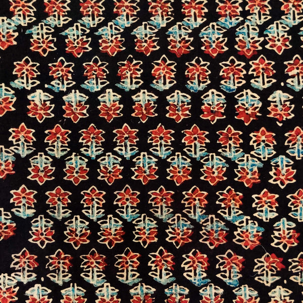 Pure Cotton Ajrak Black With Tiny Maroon And Blue Lotus Hand Block Print Fabric