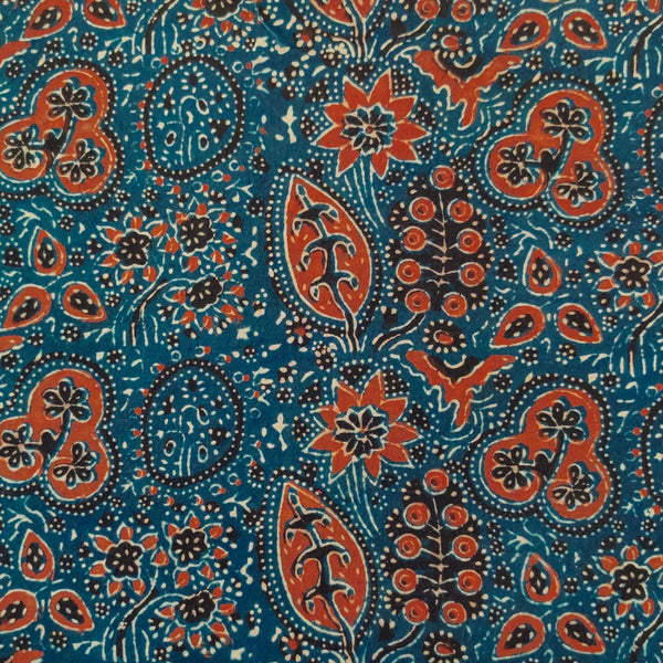 Pure Cotton Ajrak Blue With Wild Fruits And Flowers Jaal Hand Block Print Blouse Piece Fabric (0.80 Meter)