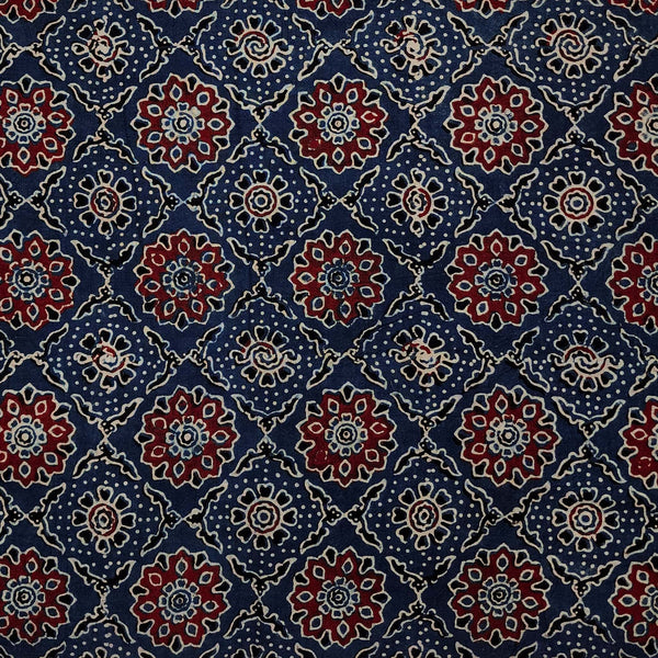 Pure Cotton Ajrak Blue Rust With Diagonal Mesh Flowers Motifs Hand Block Print Fabric