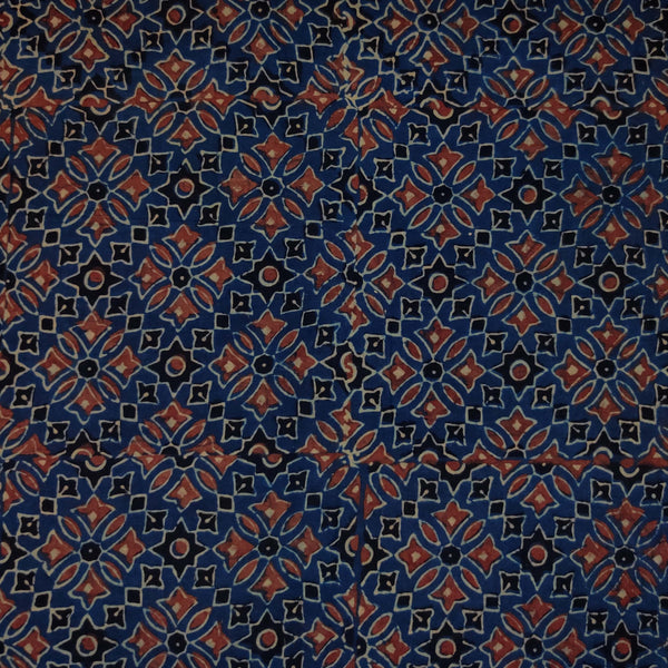Pure Cotton Ajrak Blue With All Over Geometric Pattern Maroon And Black Diagonal Checks Motifs Hand Block Print Fabric