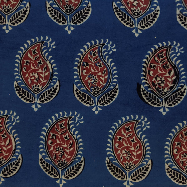 Pre-cut 1.90 meter Pure Cotton Ajrak Blue With Black Maroon Cream Kairi Hand Block Print Fabric