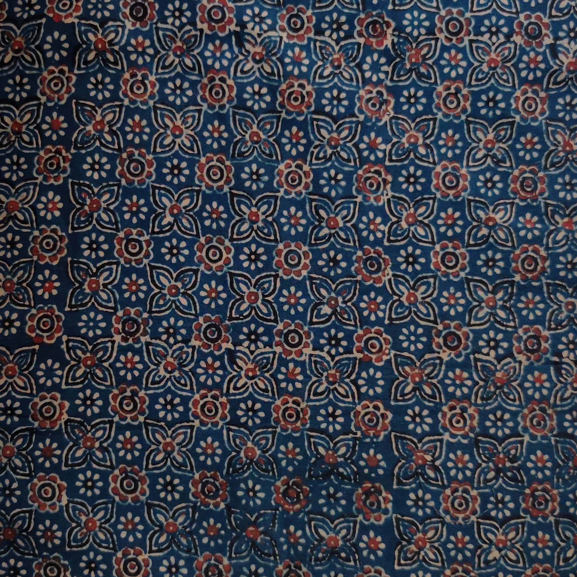 Blue Raj Pattern Pure Cotton Ajrak Blue With Cream Red All Over Pattern Hand Block Prin ...
