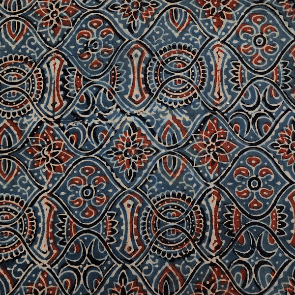 Pure Cotton Ajrak Blue With Curvy All Over Pattern Hand Block Print Fabric