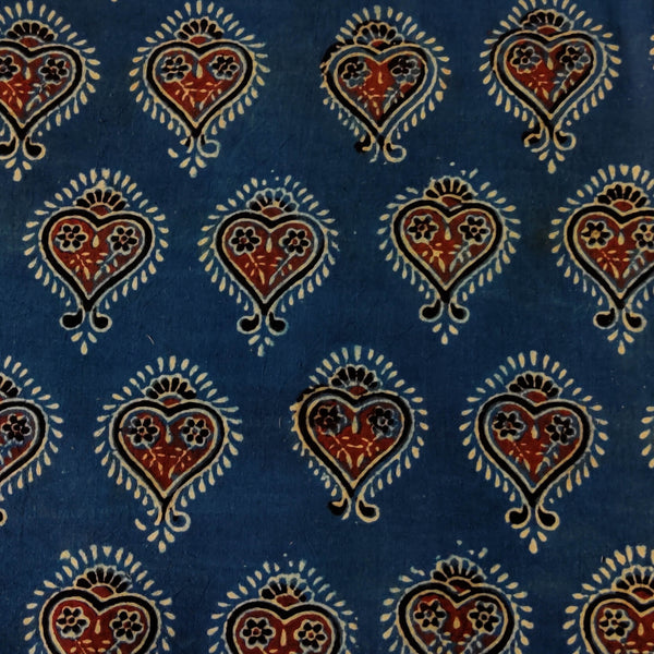 Pure Cotton Ajrak Blue With Mehendi Motif Hand Block Print Fabric