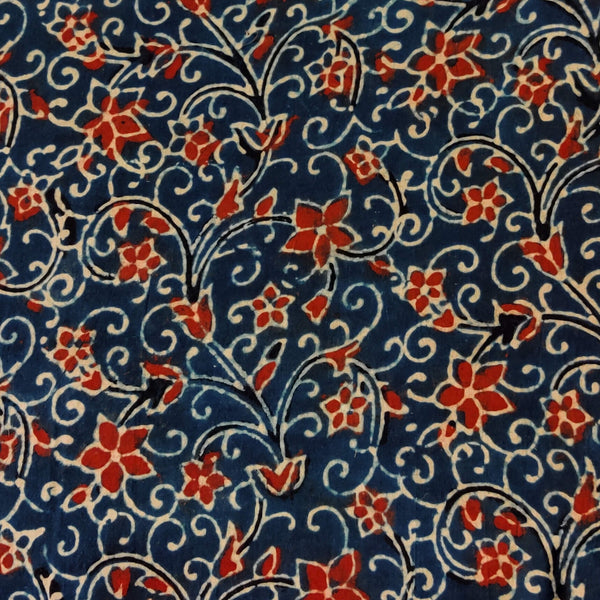 Pure Cotton Ajrak Blue With Rust Floral Jaal Hand Blcok Print Fabric