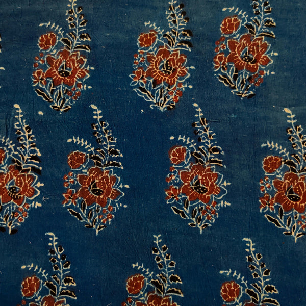 Pure Cotton Ajrak Blue With Rust Flower Bouquet Hand Block Print Fabric