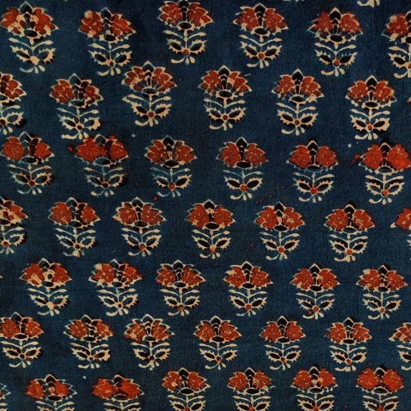 Pure Cotton Ajrak Blue With Rust Flower Hand Block Print Fabric