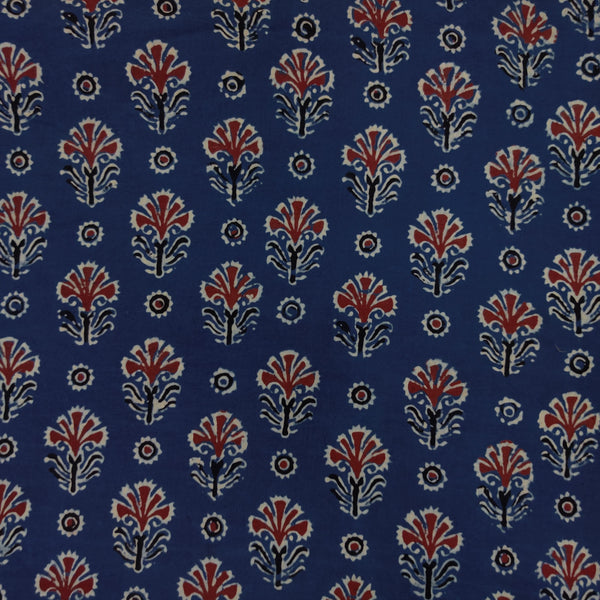 Pure Cotton Ajrak Blue With Rust Flowers And Chakra Hand Block Print Fabric
