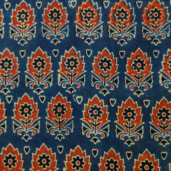 Pure Cotton Ajrak Blue With Rust Intricate Beautiful Motif Hand Block Print Fabric
