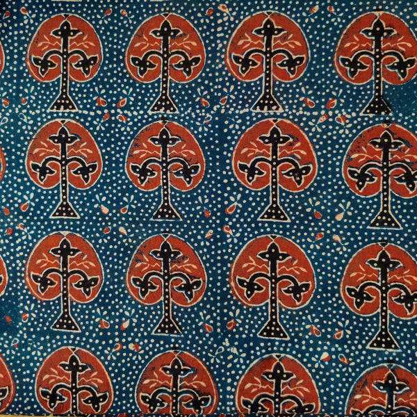 Pure Cotton Ajrak Blue With Rust Intricate Tree Motif Hand Block Print Fabric