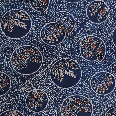 Pure Cotton Ajrak Blue With Self Design With Some Plants In A Circle Hand Block Print Fabric