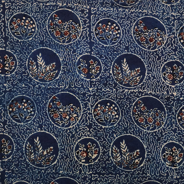 Pure Cotton Ajrak Blue With Self Design With Some Plants In A Circle Hand Block Print Fabric
