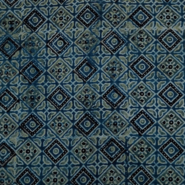 Pure Cotton Ajrak Blue With Squares And Flowers Checks Motifs Hand Block Print Fabric