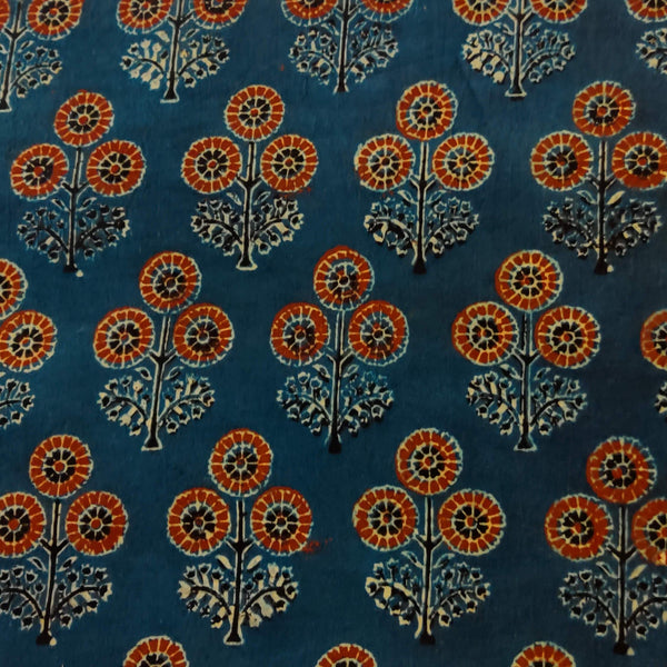Pure Cotton Ajrak Blue With Tiny Dahlia Plant Motif Hand Block Print Blouse Fabric ( 1 meter)