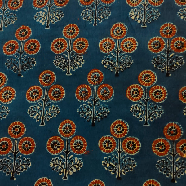 Pure Cotton Ajrak Blue With Tiny Dahlia Plant Motif Hand Block Print Fabric