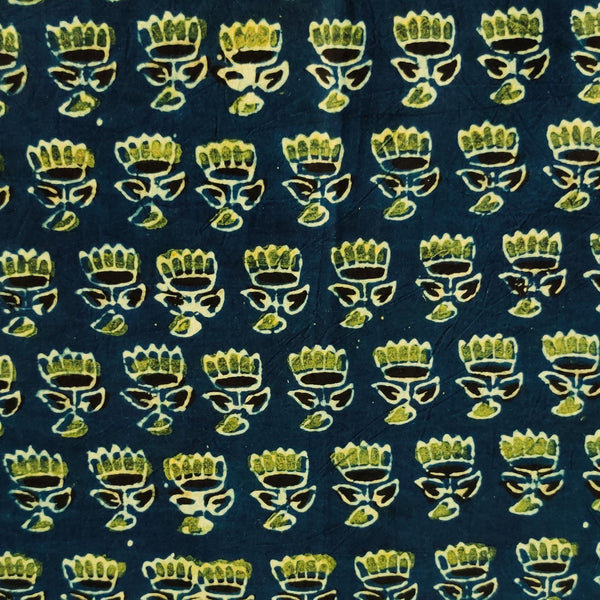 Pure Cotton Ajrak Blue With Tiny Green Lotus Hand Block Print Fabric-min