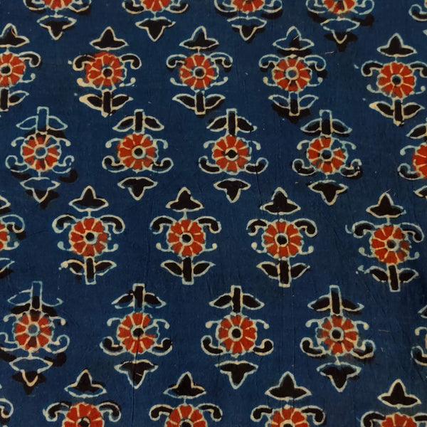 Pure Cotton Ajrak Blue With Tribal Motif Hand Block Print Fabric