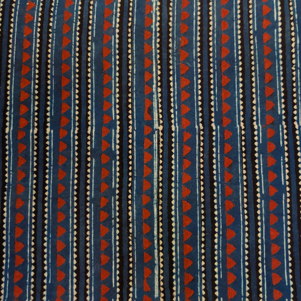 Pure Cotton Ajrak Blue With Tribal Stripes Motif Hand Block Print Fabric