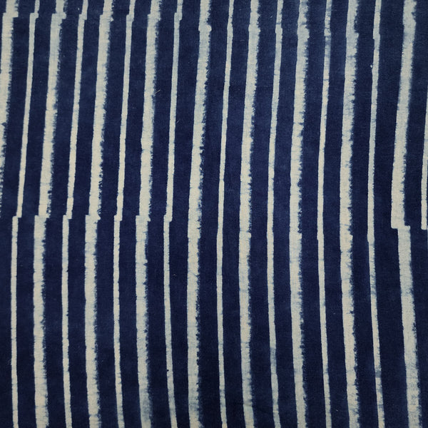 Pure Cotton Ajrak Blue With Uneven Stripes Hand Block Print Fabric