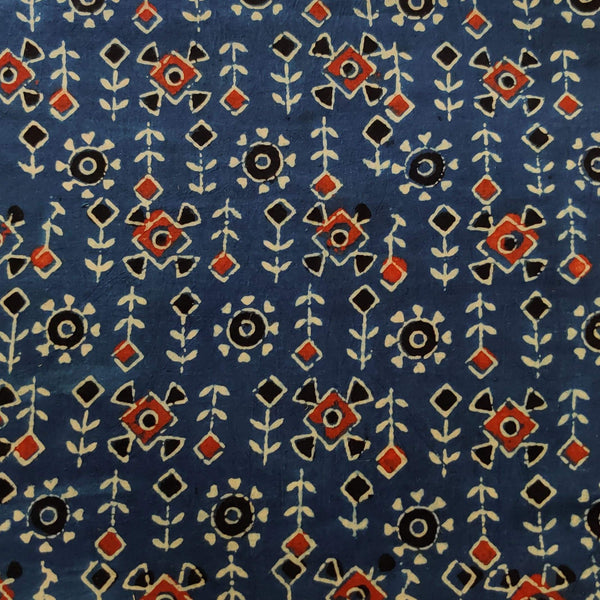 Pure Cotton Ajrak Blue With Warli Rangoli Hand Block Print Blouse Fabric (1.18 Meter)