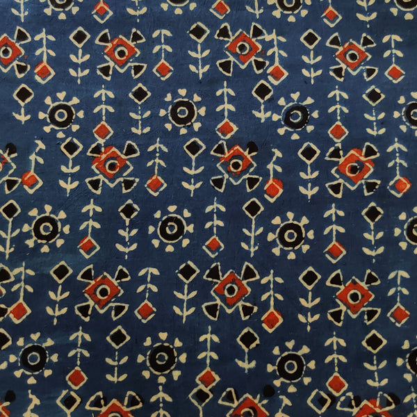 Pure Cotton Ajrak Blue With Warli Rangoli Hand Block Print Fabric