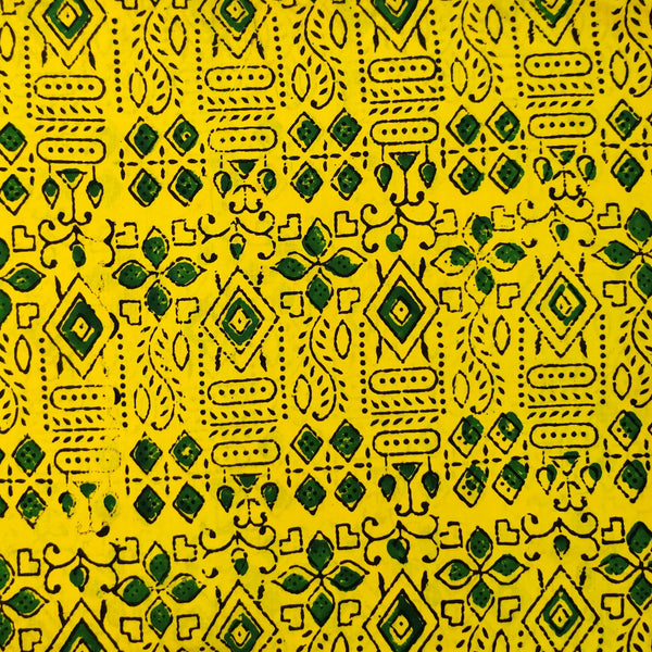 Pure Cotton Ajrak Bright Yellow With Green Tribal Print Hand Block Print Fabric