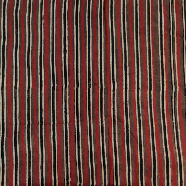 Pure Cotton Ajrak Brown Cream Black Madder Stripes Hand Block Print Fabric