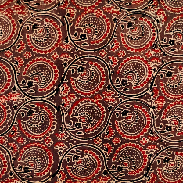 Pure Cotton Ajrak Brown WIth Dahlia Jaal Hand Block Print blouse Fabric (1 meter)