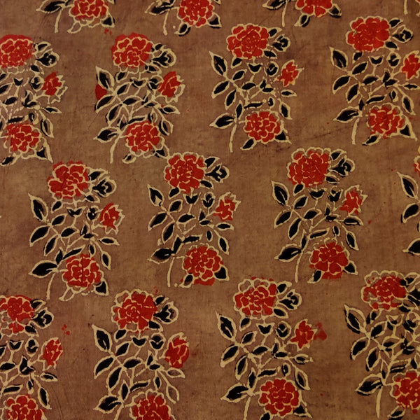 Pure Cotton Ajrak Brown With Blue Rose Plant Motif Hand Block Print Fabric
