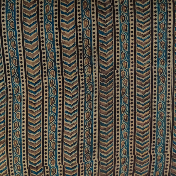Pure Cotton Ajrak Brown With Blue Tribal Stripes Hand Block Print Fabric