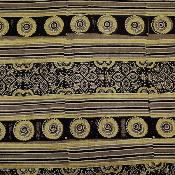 Pure Cotton Ajrak Brown With Chakra Tile Stripes Border Hand Block Print Fabric