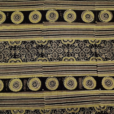 Pure Cotton Ajrak Brown With Chakra Tile Stripes Border Hand Block Print Fabric