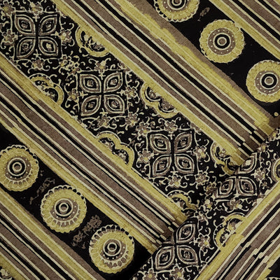 Pure Cotton Ajrak Brown With Chakra Tile Stripes Border Hand Block Print Fabric