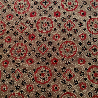 Pure Cotton Ajrak Brown With Persian Star Circle Tiles Hand Block Print Fabric