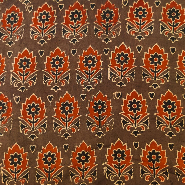 Pre-Cut 1.75 Meters Pure Cotton Ajrak Brown With Rust Intricate Beautiful Motif Hand Block Print Fabric