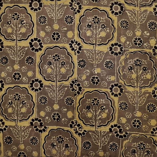 Pure Cotton Ajrak Brown With Squares And Floral Plants Motifs Hand Block Print Fabric