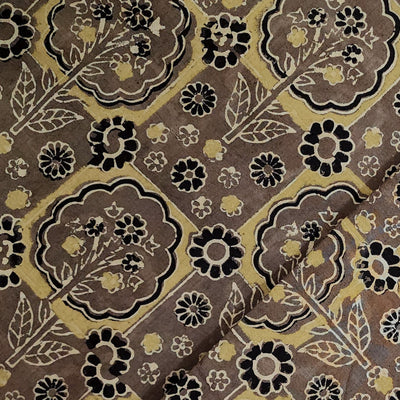 Pure Cotton Ajrak Brown With Squares And Floral Plants Motifs Hand Block Print Fabric